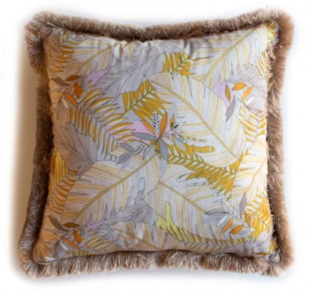 Luxus Deko Kissen Blätter Design Mehrfarbig / Braun 45 x 45 cm - Bedrucktes Samt Kissen mit Fransen - Deko Accessoires
