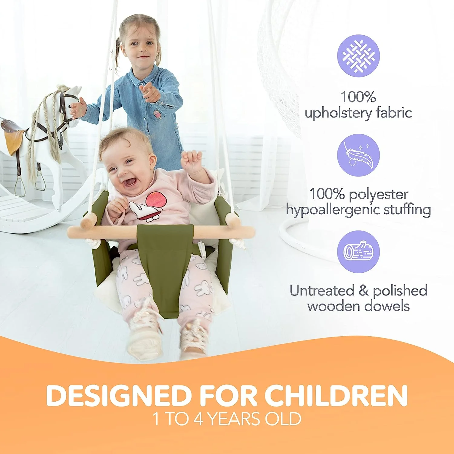 Babyschaukel aus Segeltuch, hängender Schaukelsitz aus Holz mit Sicherheitsgurt, langlebiger Baby-Hängemattenstuhl, Außen- und Innenschaukel für Kinder, Montagezubehör im Lieferumfang enthalten, Elfenbeinfarben