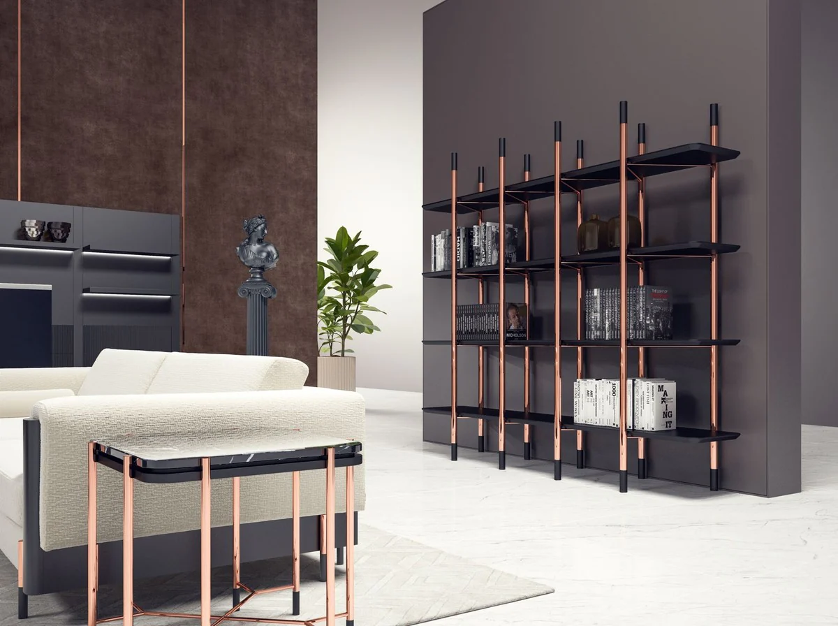 Luxury shelf cabinet matt black / copper 300 x 46 x H. 210 cm - bookcase - living room cabinet - office cabinet - living room furniture - office furniture - luxury furniture