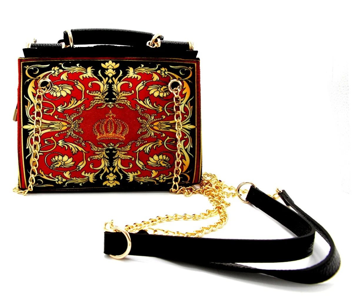 Pompöös by Luxus women's handbag Baroque Flowers with crown and rhinestones burgundy red / black / gold 25 x H. 20 cm - designed by Harald Glööckler