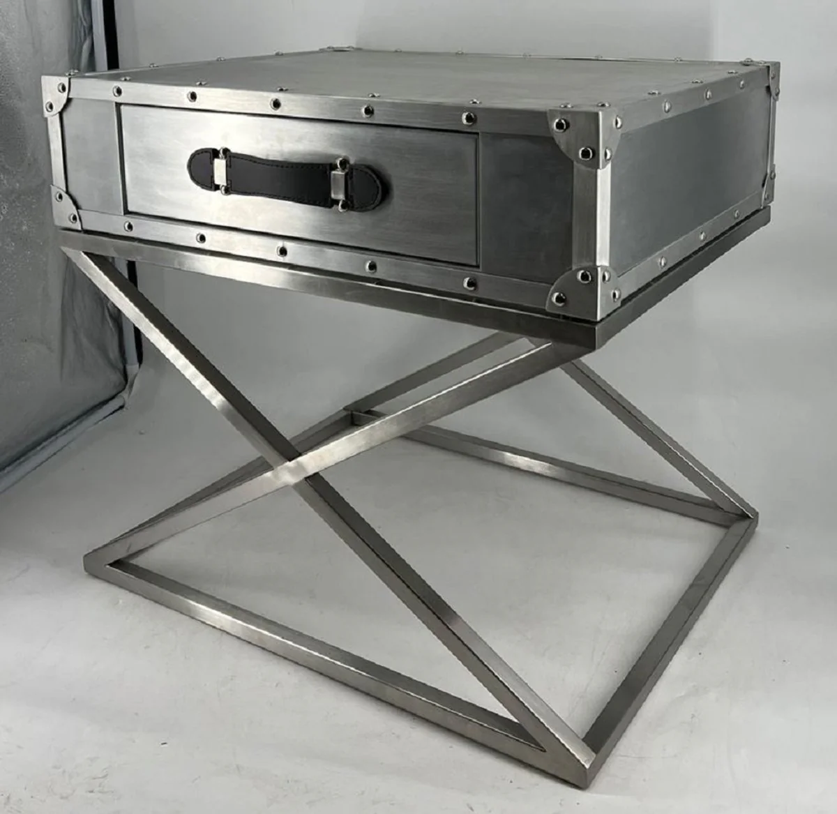 Aluminum airplane aviator bedside table with drawer silver / black