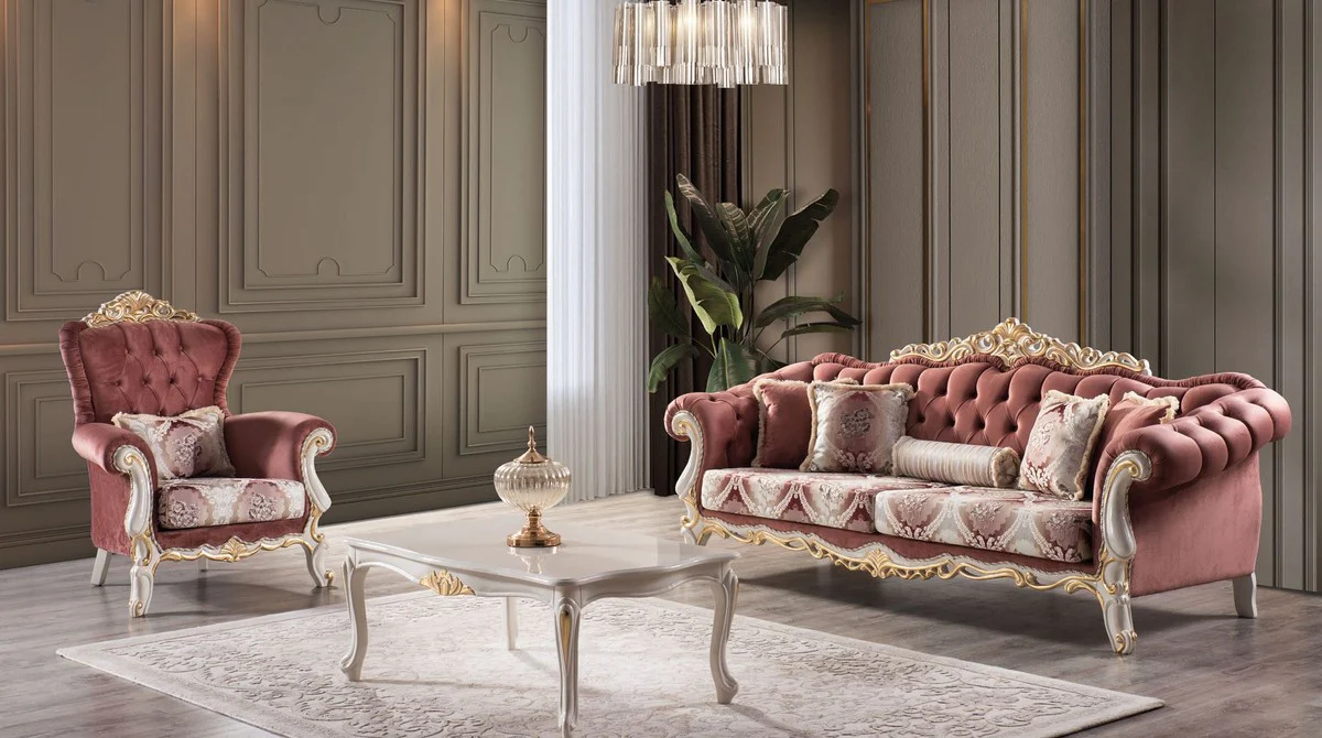 Luxus Barock Wohnzimmer Set Rot / Weiß / Gold - 2 Sofas & 2 Sessel & 1 Couchtisch - Prunkvolle Barock Wohnzimmer Möbel