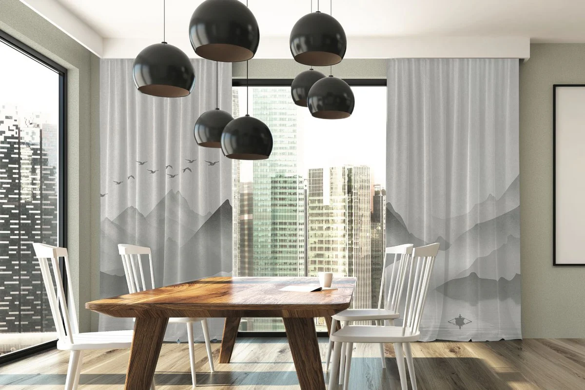 Luxus Vorhang Set Gebirge mit See Grau 250 x H. 290 cm - Bedruckte Leinen & Samt Vorhänge - Ösenvorhänge - Schiebevorhänge - Edle Wohnzimmer Schlafzimmer Vorhänge