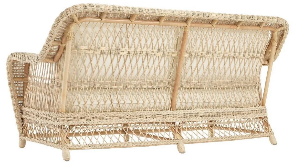 Luxury living room sofa with cushions natural / cream 202 x 99 x H. 97 cm - Upholstered couch with hand-woven rattan weave