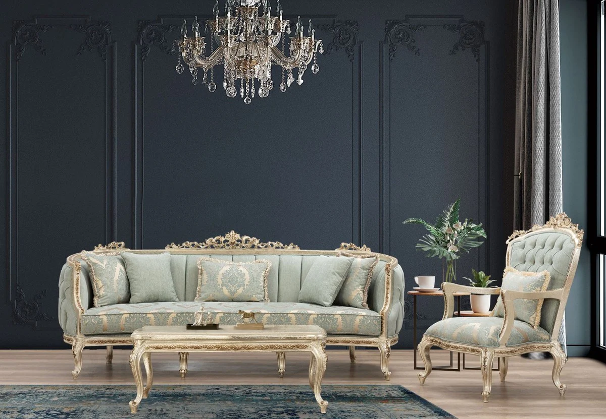 Luxury Baroque Sofa Green / Antique Gold - Magnificent living room sofa with elegant pattern - Baroque living room furniture