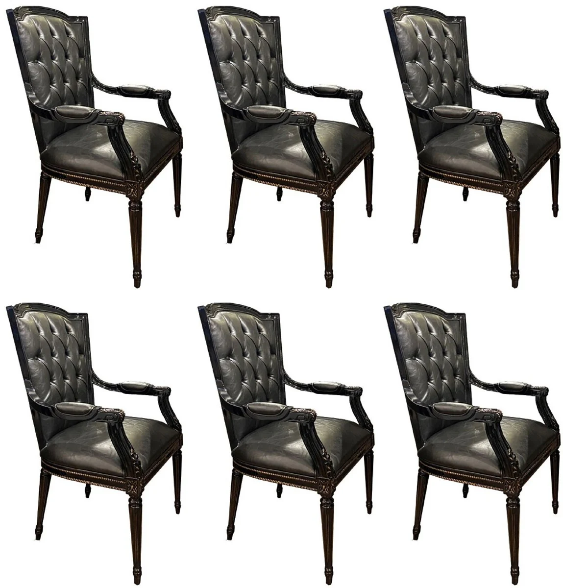 Luxury Baroque Dining Room Chair Set Black - 6 Real Leather Kitchen Chairs with Armrests - Baroque Dining Room Furniture - Noble & Magnificent