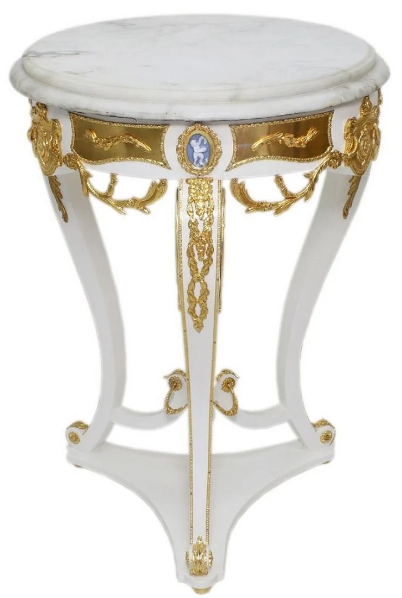 Baroque side table white / gold - round antique style table with marble top - baroque living room furniture