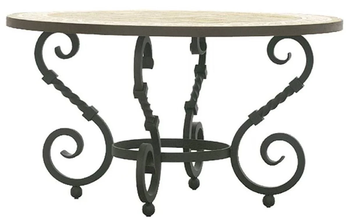 Luxury Baroque Dining Table Beige / Gray - Round Handmade Wrought Iron Garden Table with Natural Stone Mosaic Tiles Table Top - Garden Patio Dining Room Furniture