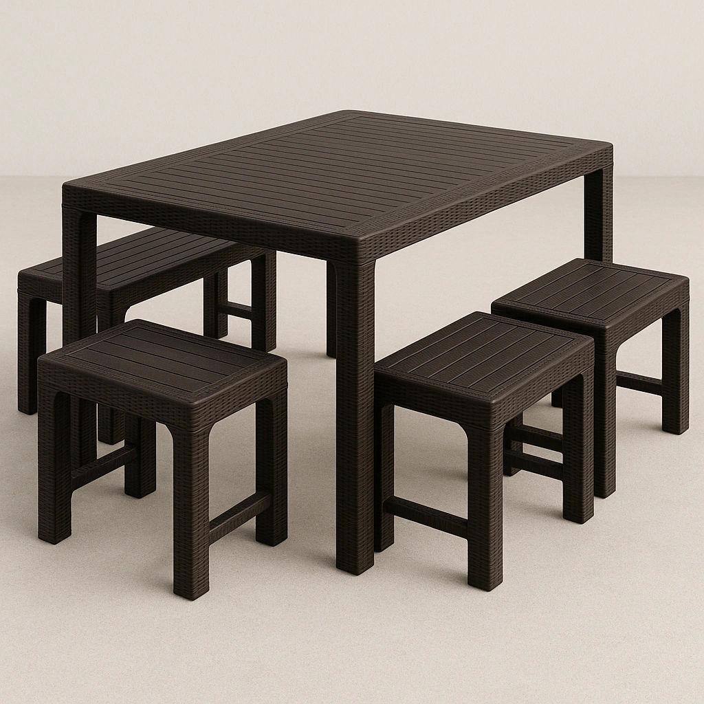 Braunes Harz-Tisch- und Bankset für die Gartenterrasse