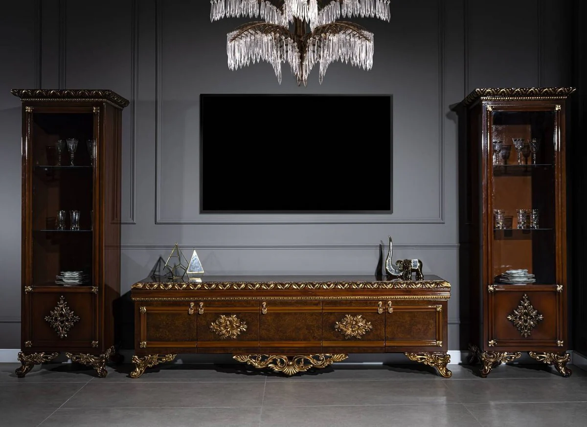 Luxury Baroque Display Cabinet Brown / Gold - Handcrafted Solid Wood Display Cabinet - Baroque Living Room Furniture