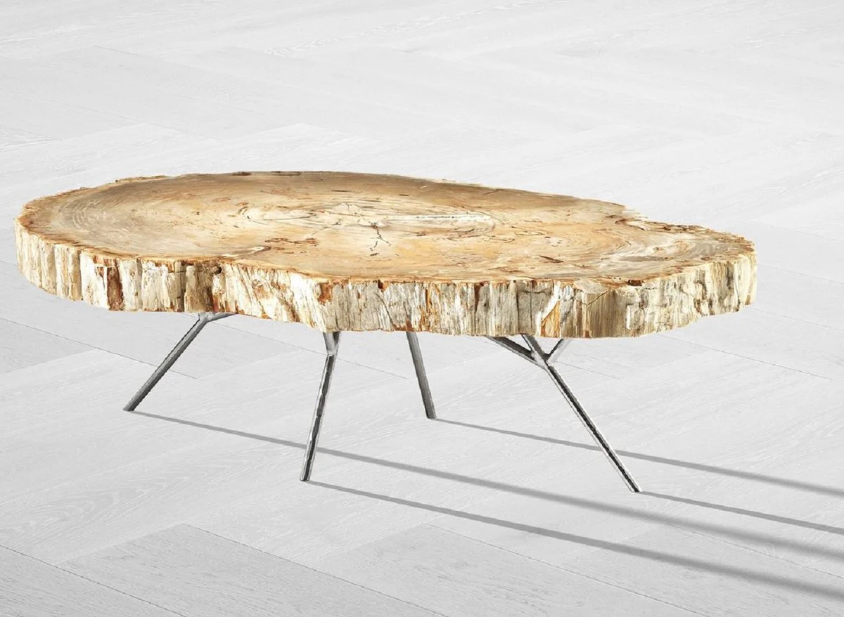 Luxury coffee table natural colors / silver 115 x 68 x H. 35 cm - Elegant living room table with petrified wood table top and stainless steel legs - Luxury living room furniture