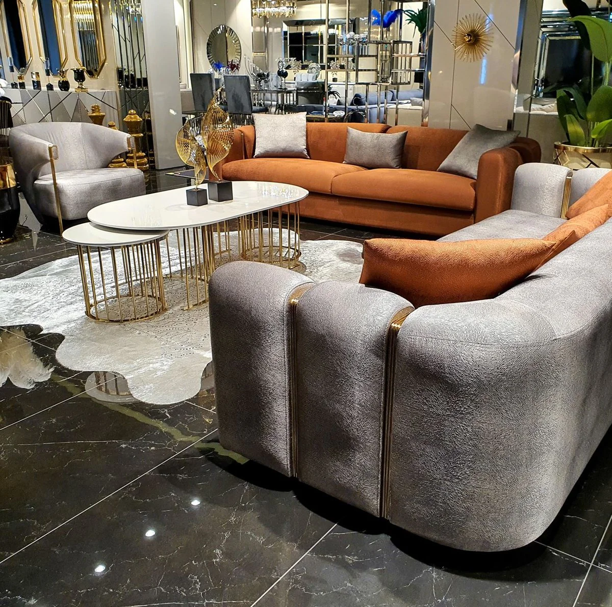 Luxury sofa orange / gold 240 x 95 x H. 85 cm - living room sofa - hotel sofa - luxury furniture