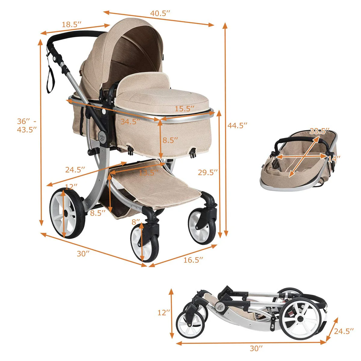 Kinderwagen, umwandelbarer Hochformat-Kinderwagen mit Stubenwagen, verstellbares Verdeck und Rückenlehne, Aufbewahrungskorb, Fußabdeckung, faltbarer Kinderwagen für Neugeborene (grau)