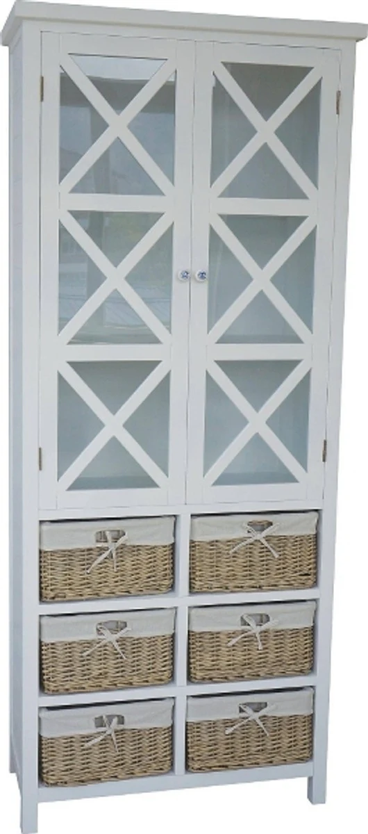 Country house style display cabinet white / natural colors 86 x 38 x H. 204 cm - Handcrafted display cabinet in country house style