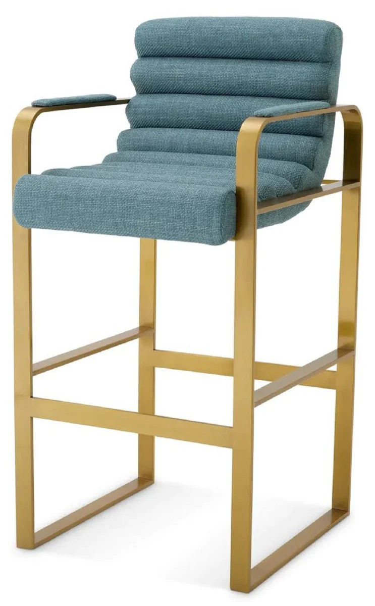 Luxury bar chair with armrests blue / brass 53.5 x 57.5 x H. 107 cm - Padded stainless steel bar stool - Bar furniture - Luxury furniture - Luxury quality