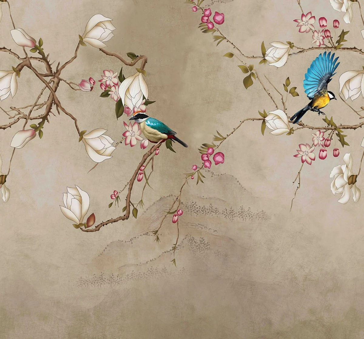 Luxus Vorhang Set Vögel Beige / Mehrfarbig 250 x H. 290 cm - Bedruckte Leinen & Samt Vorhänge - Ösenvorhänge - Schiebevorhänge - Luxus Qualität