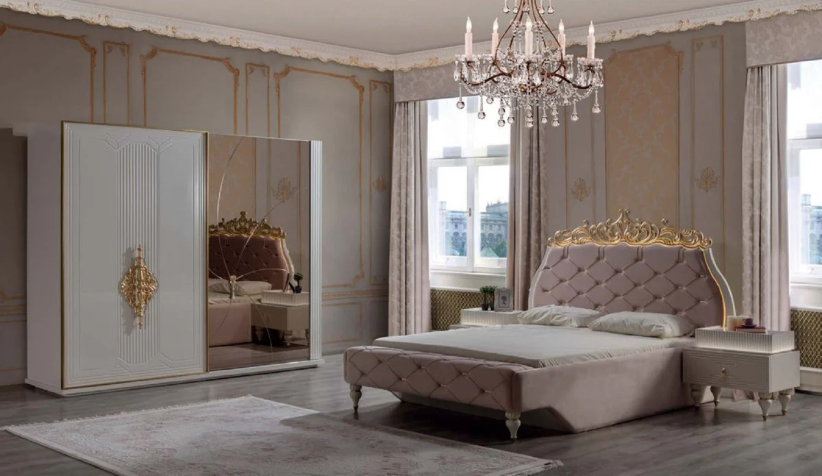 Luxury Baroque Bedroom Set Pink / Cream / Gold - 1 Baroque Double Bed with Headboard & 2 Baroque Nightstands - Luxury Bedroom Furniture in Baroque Style - Baroque Interior