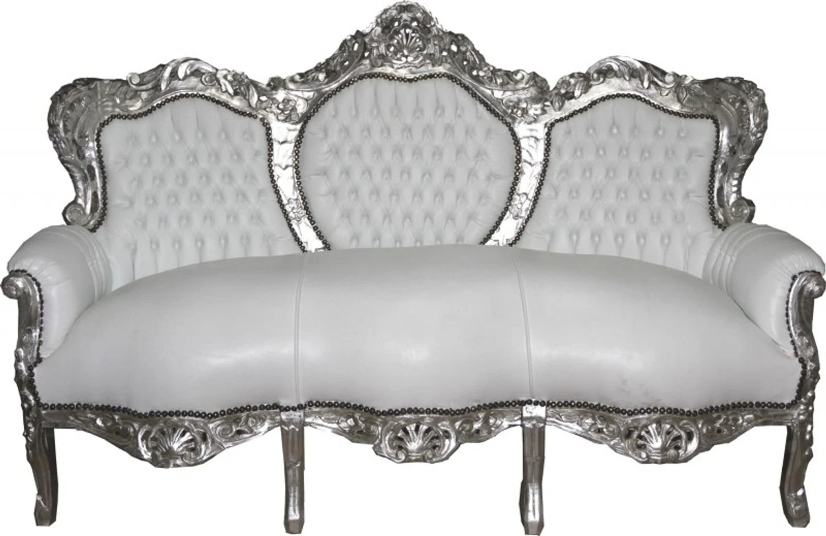 Baroque Sofa King White/Silver Leather Look - Furniture Living Room