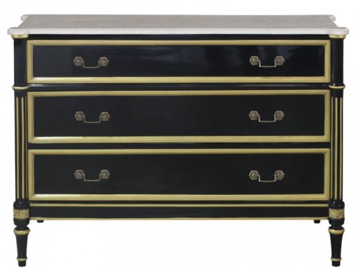 Luxury baroque chest of drawers with 3 drawers and marble top black / gold / white 111.3 x 52.6 x H. 81.3 cm - luxury furniture in the baroque style
