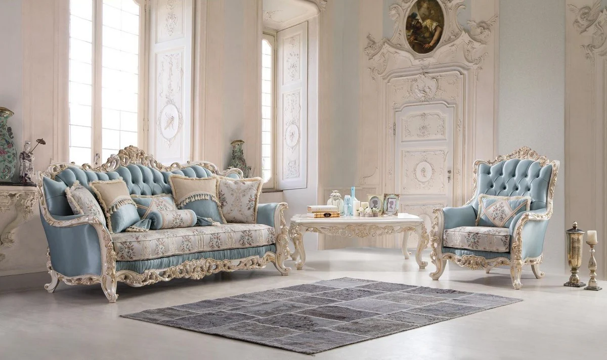 Luxury baroque living room sofa with decorative cushions light blue / cream / white / gold 240 x 90 x H. 120 cm - Noble baroque living room furniture