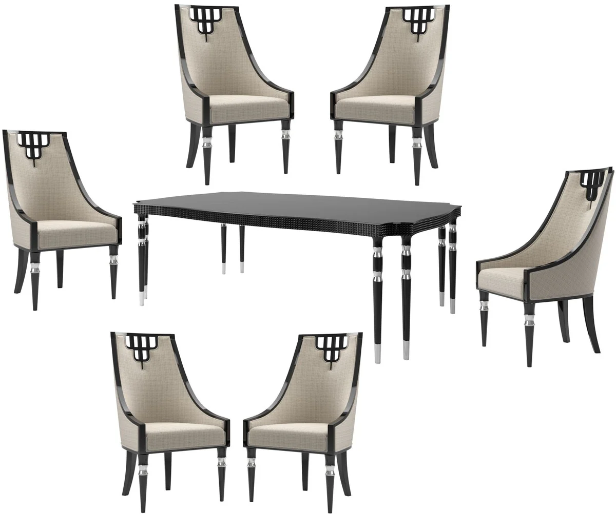 Luxury Art Deco Dining Room Set Beige / Black / Silver - 1 Dining Room Table & 6 Dining Chairs - Art Deco Dining Room Furniture - Luxury Quality