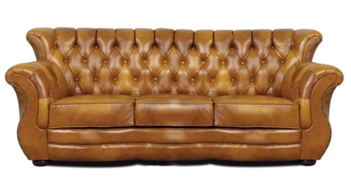Luxury Chesterfield genuine leather 3 seater sofa brown 200 x 85 x H. 90 cm - genuine leather furniture