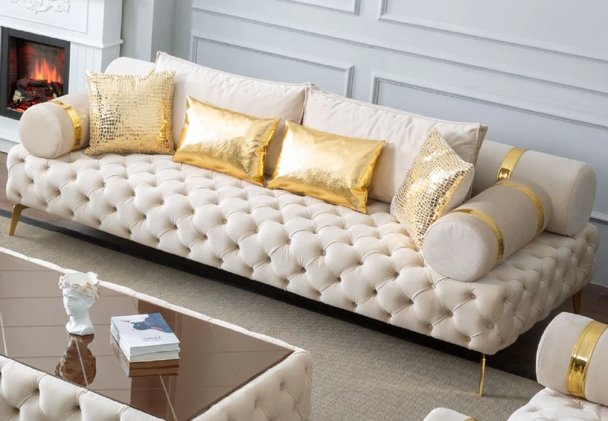 Luxury Chesterfield 3-seater sofa cream / gold 250 x 115 x H. 70 cm - Chesterfield living room sofa - living room furniture - Chesterfield furniture - luxury furniture - luxury furnishings - furniture luxury