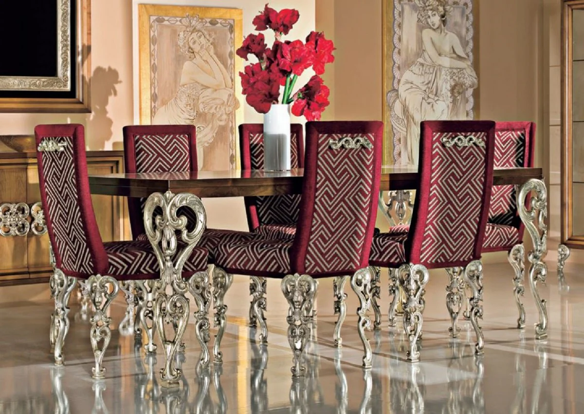 Luxury Baroque Dining Room Set Brown / Bordeaux Red / Antique Silver - 1 Baroque Dining Table & 6 Baroque Dining Chairs - Luxury Dining Room Furniture in Baroque Style - Luxury Quality - Made in Italy