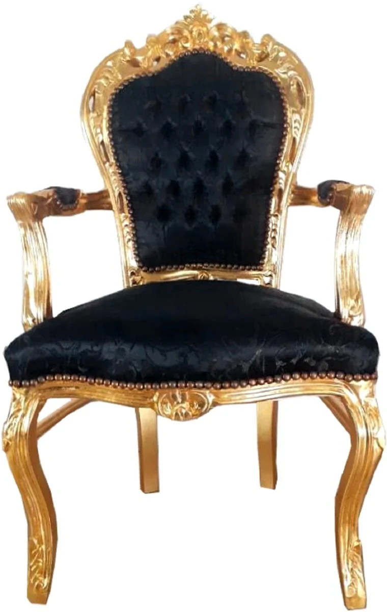 Baroque dining room chair with armrests black pattern / gold 53 x 57 x H. 108 cm - handmade antique style chair with elegant satin fabric - baroque dining room furniture