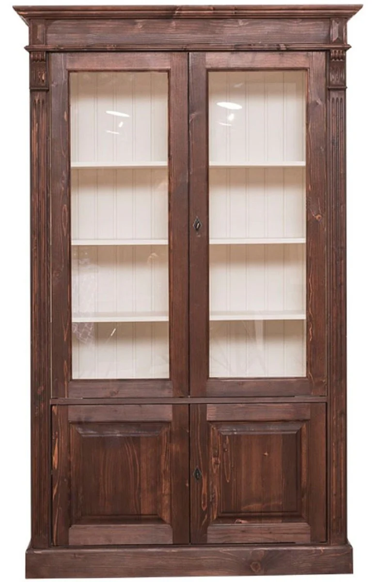 Country house style bookcase dark brown / cream 119 x 39 x H. 197 cm - living room cabinet with 4 doors - solid wood cabinet - display cabinet - country house style living room furniture
