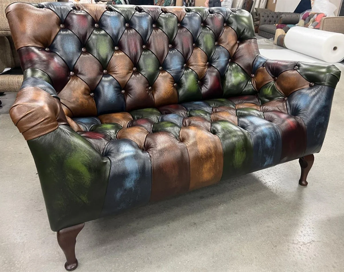 Luxury Chesterfield genuine leather patchwork sofa colorful / dark brown 144 cm