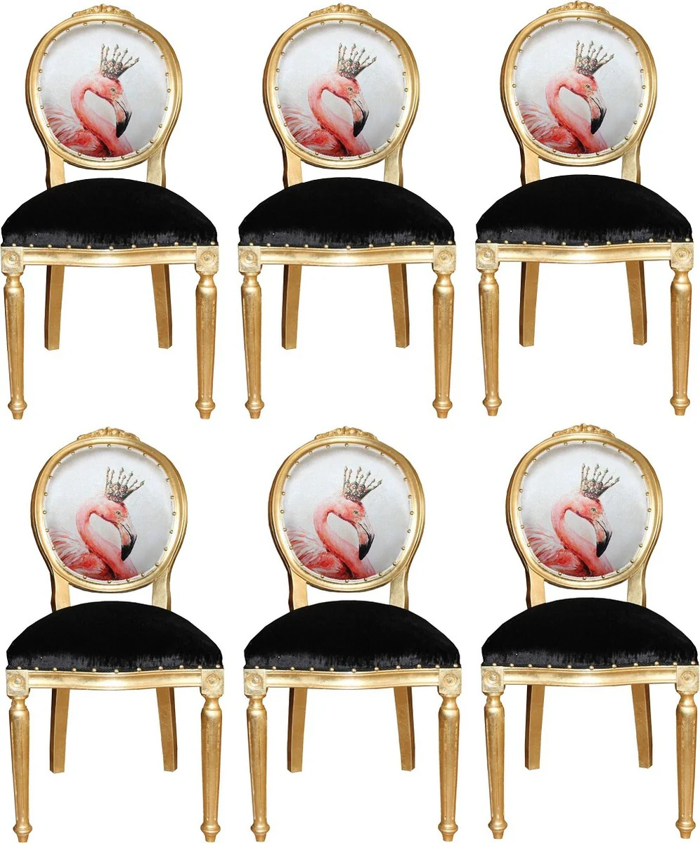 Luxury baroque dining room set flamingo with crown gold / black / multicolored 48 x 50 x H. 98 cm - 6 handmade dining chairs with bling bling glitter stones - baroque dining room furniture