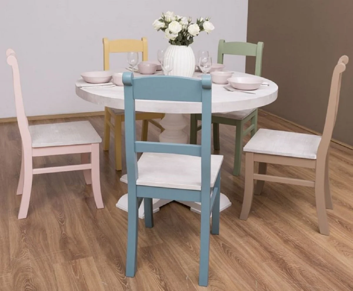 Country house style dining room furniture set light gray / colorful - 1 dining table & 5 dining room chairs - solid wood dining room furniture - country house style furniture