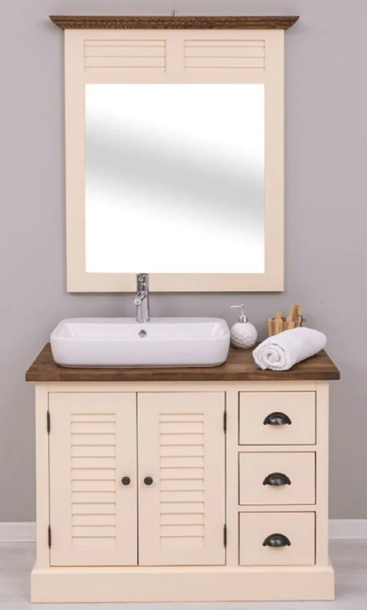 Country house style bathroom set beige / dark brown - 1 country house style washbasin with sink and tap & 1 country house style wall mirror - bathroom furniture in country house style