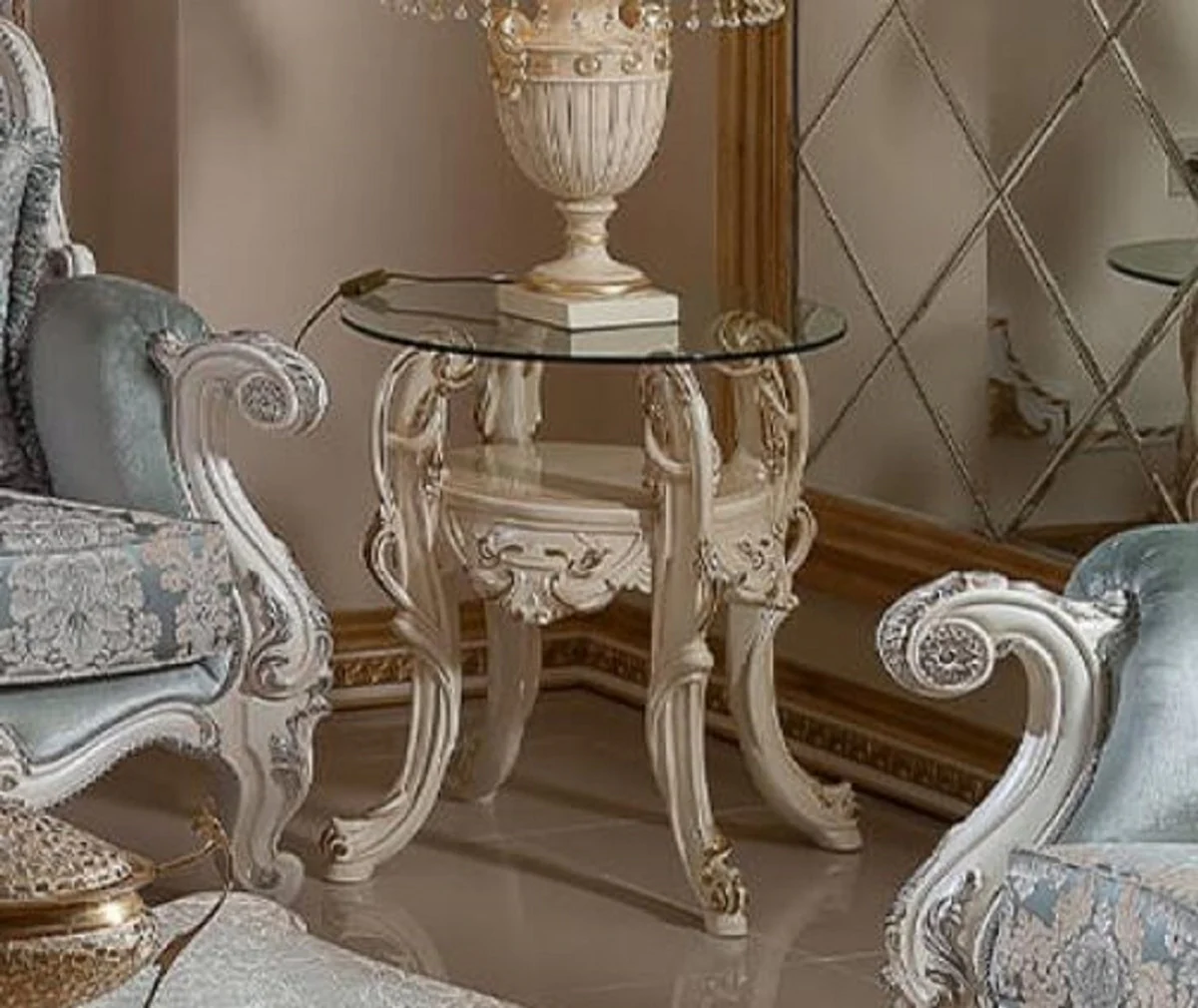Luxury baroque side table with glass top cream / gold H. 60 cm