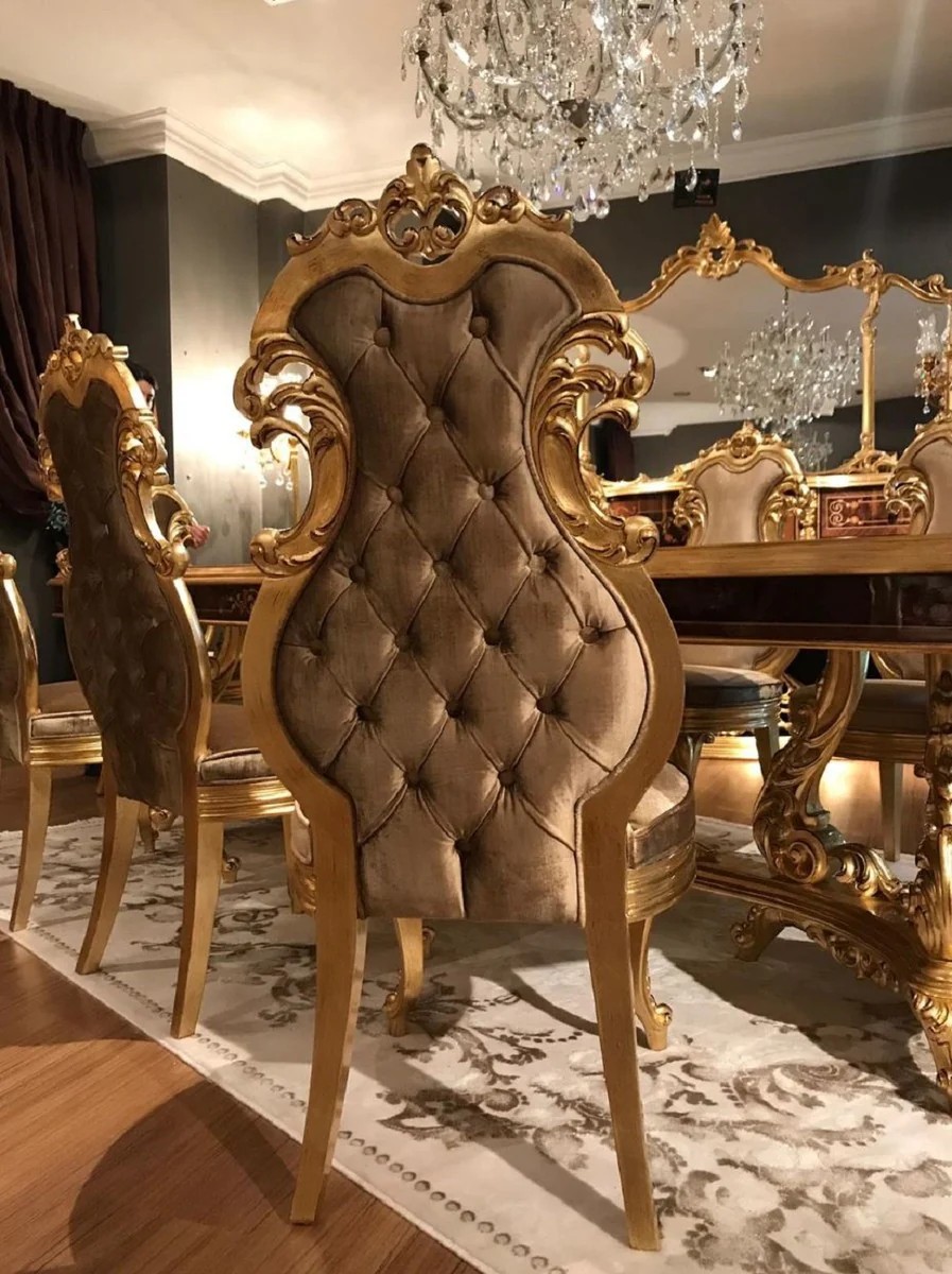 Luxury Baroque dining room chair brown / gold - Handcrafted solid wood kitchen chair with elegant velvet fabric - Magnificent dining room furniture in the Baroque style