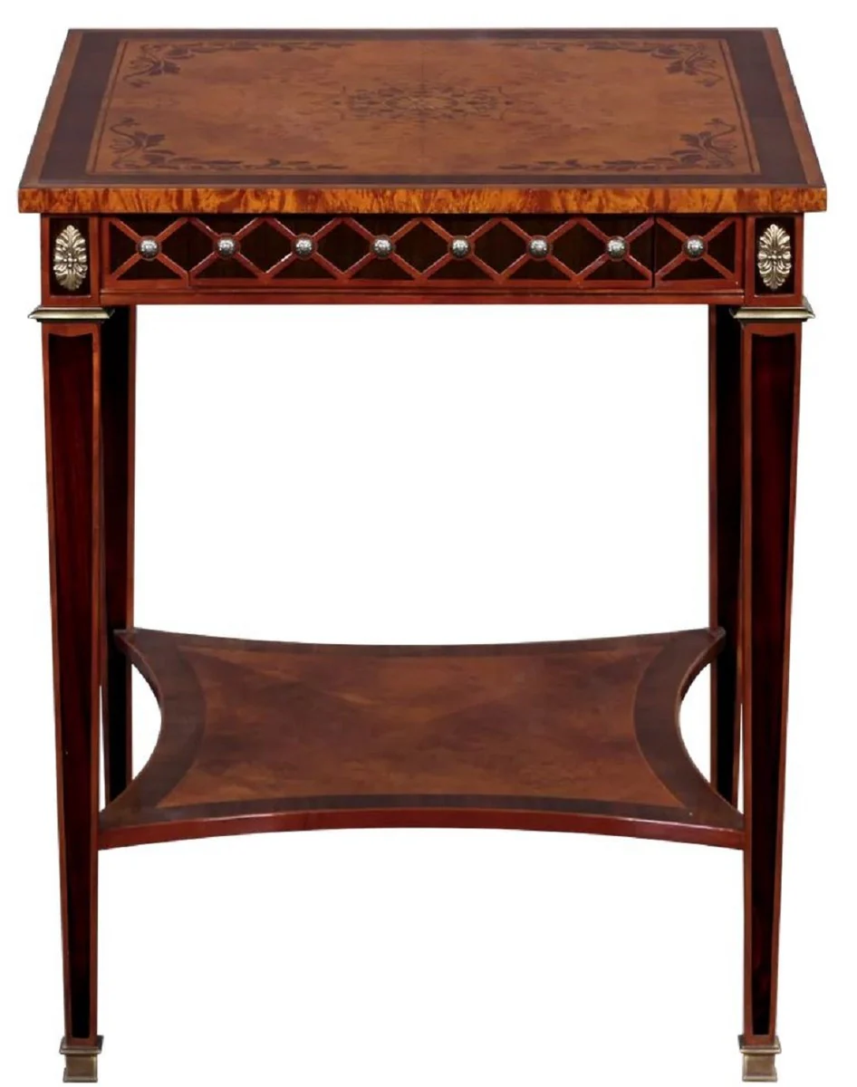 Luxury Art Deco side table natural colors / brown inlay / silver / antique brass 61 x 61 x H. 77 cm - Square solid wood table with drawer - Luxury Art Deco living room furniture