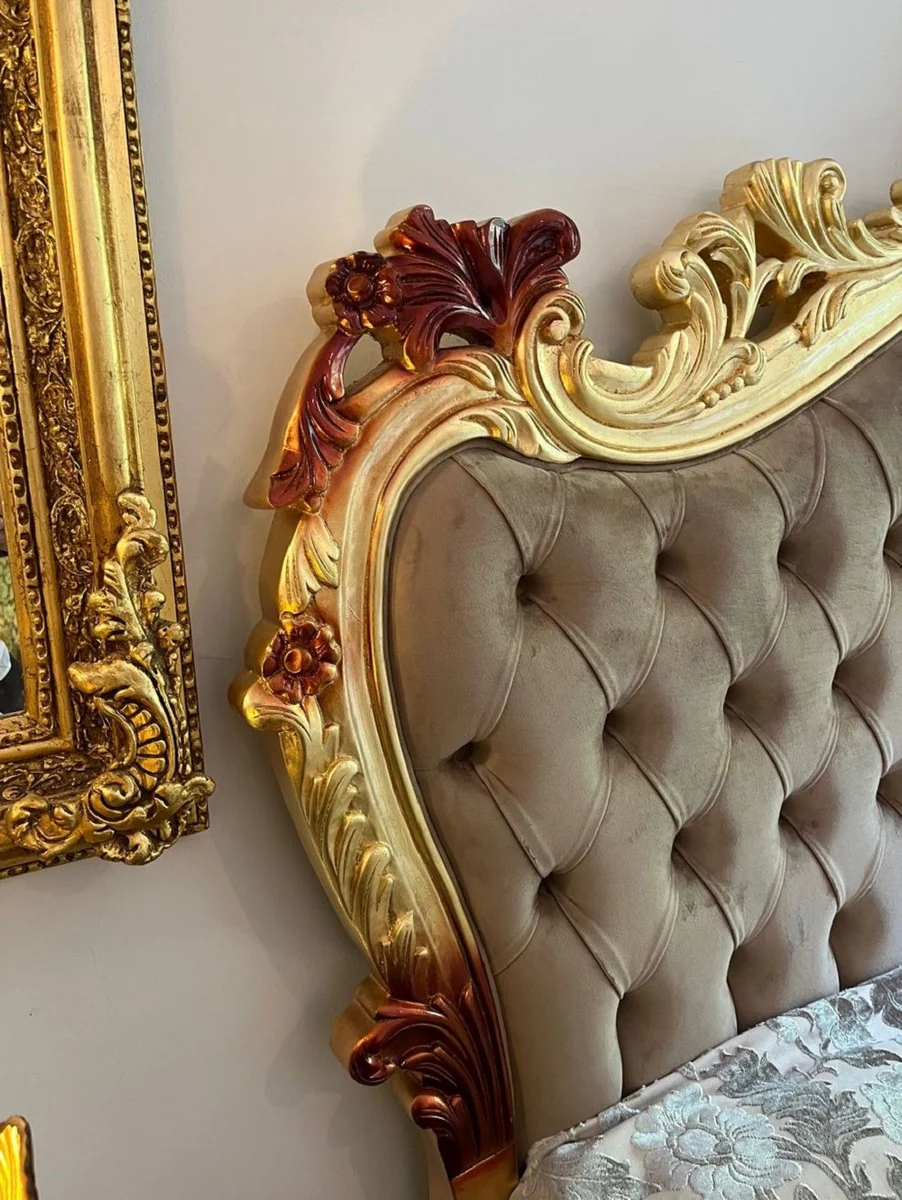Luxury baroque double bed with mattress gray / gold / brown - magnificent solid wood bed - luxury bedroom furniture in baroque style - baroque furniture - noble & magnificent