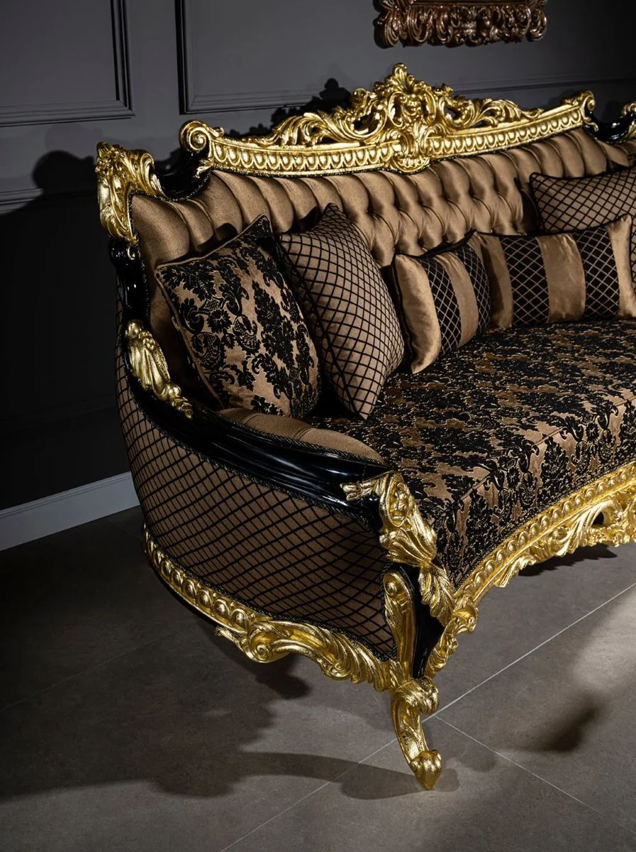 Luxury baroque sofa brown / black / gold 260 x 110 x H. 117 cm - Magnificent living room sofa with decorative pillows - Noble baroque furniture