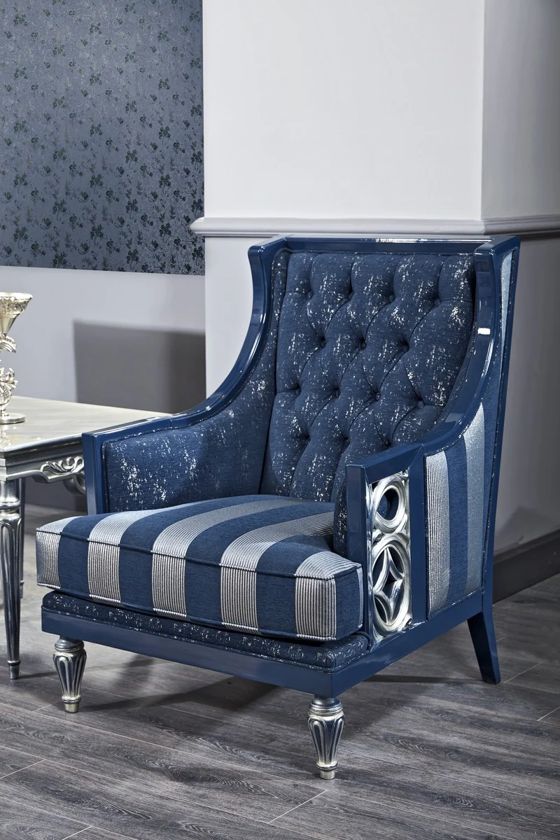Luxury Baroque Living Room Set Dark Blue / Light Blue / Silver - Sofa & 2 Armchairs & Coffee Table - Baroque Living Room Furniture