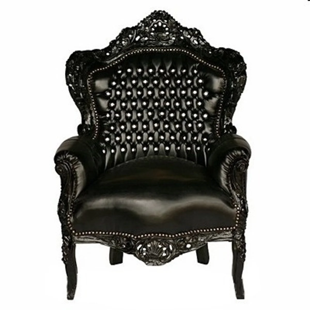 Barock Sessel King Schwarz / Schwarz Lederoptik mit Glitzersteinen - Luxus Barock Sessel