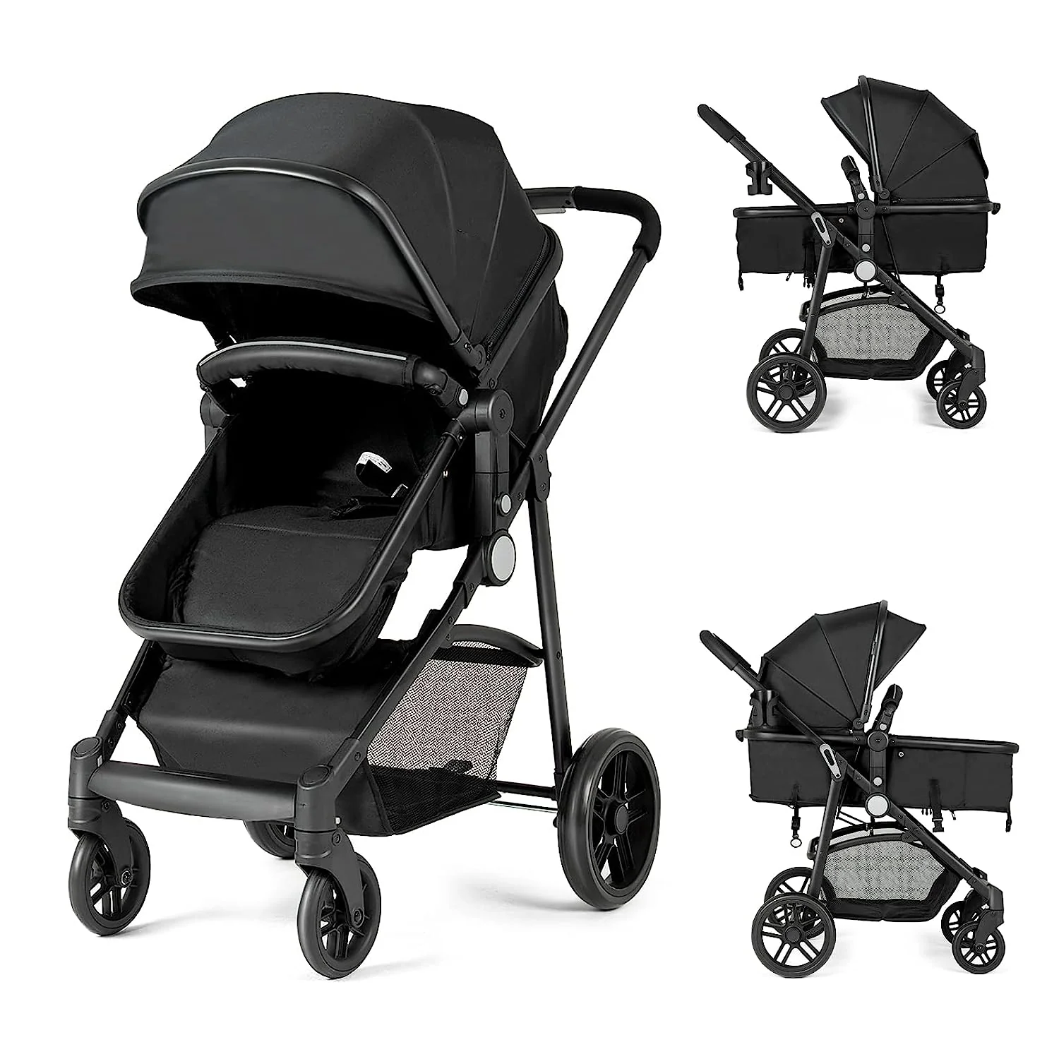 Kinderwagen, umwandelbarer Hochformat-Kinderwagen mit Stubenwagen, verstellbares Verdeck und Rückenlehne, Aufbewahrungskorb, Getränkehalter, faltbarer Kinderwagen für Neugeborene (Rosa)