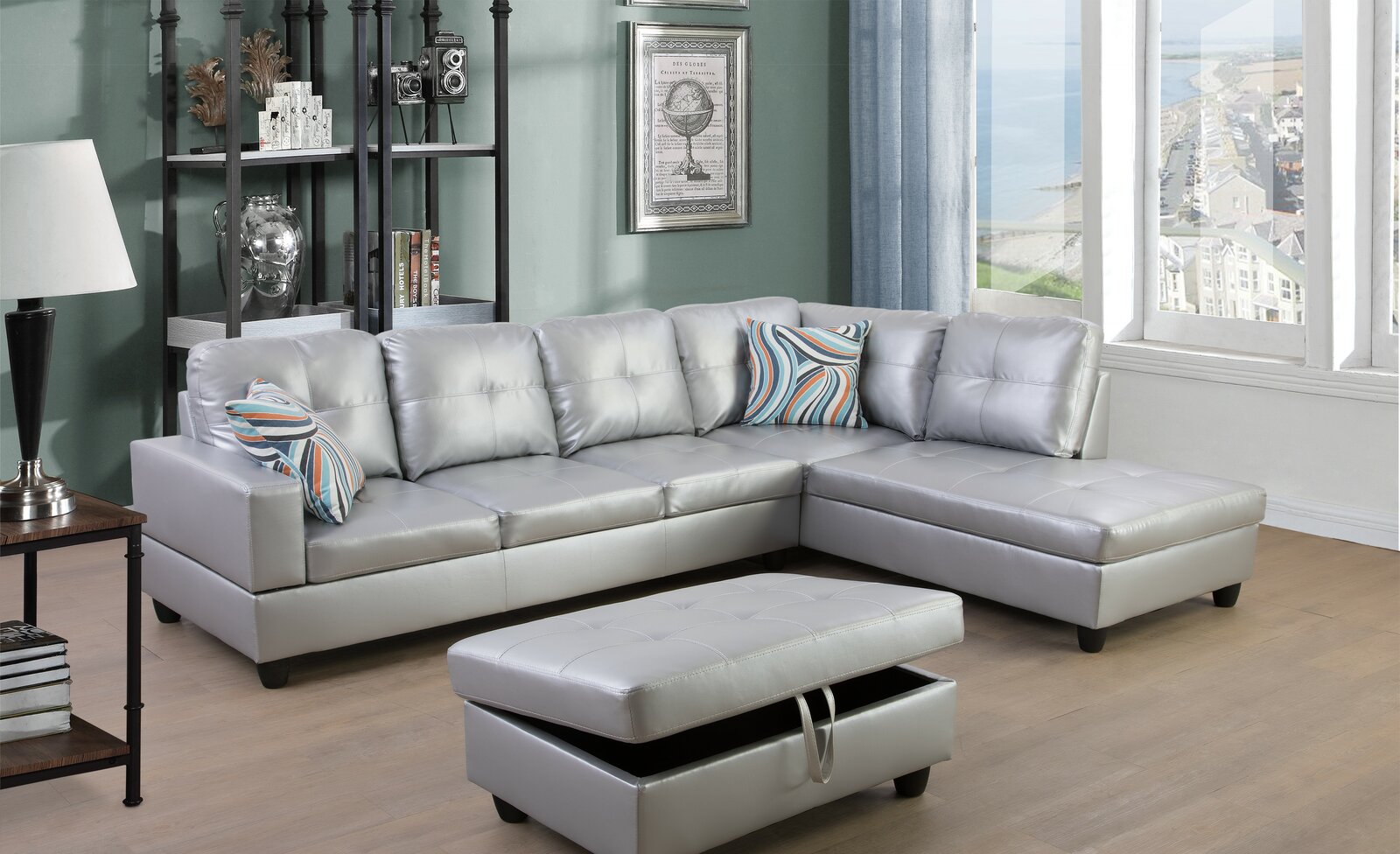 Wilhelmine 103.5 Große Kunstleder Sofa & Chaise mit Ottoman