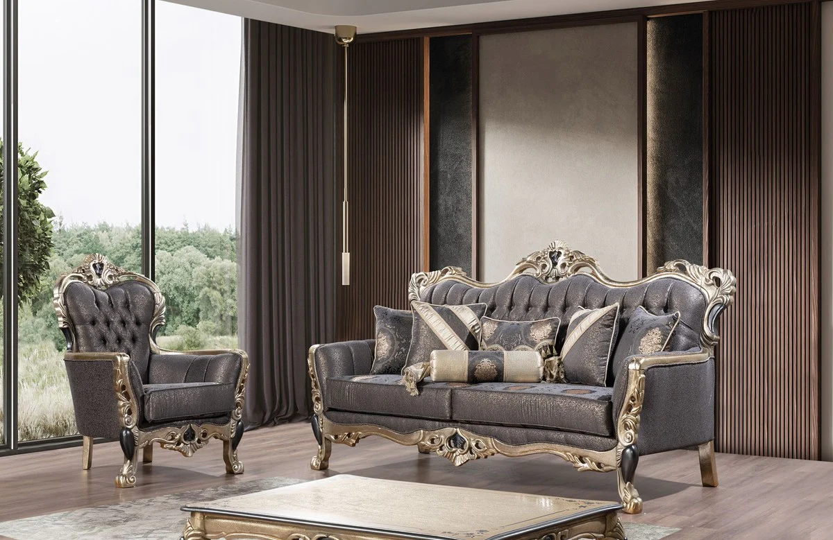 Luxury Baroque Sofa Purple / Antique Gold / Black - Baroque style living room sofa with elegant pattern - Luxury living room furniture in Baroque style - Baroque furniture - Baroque furnishings