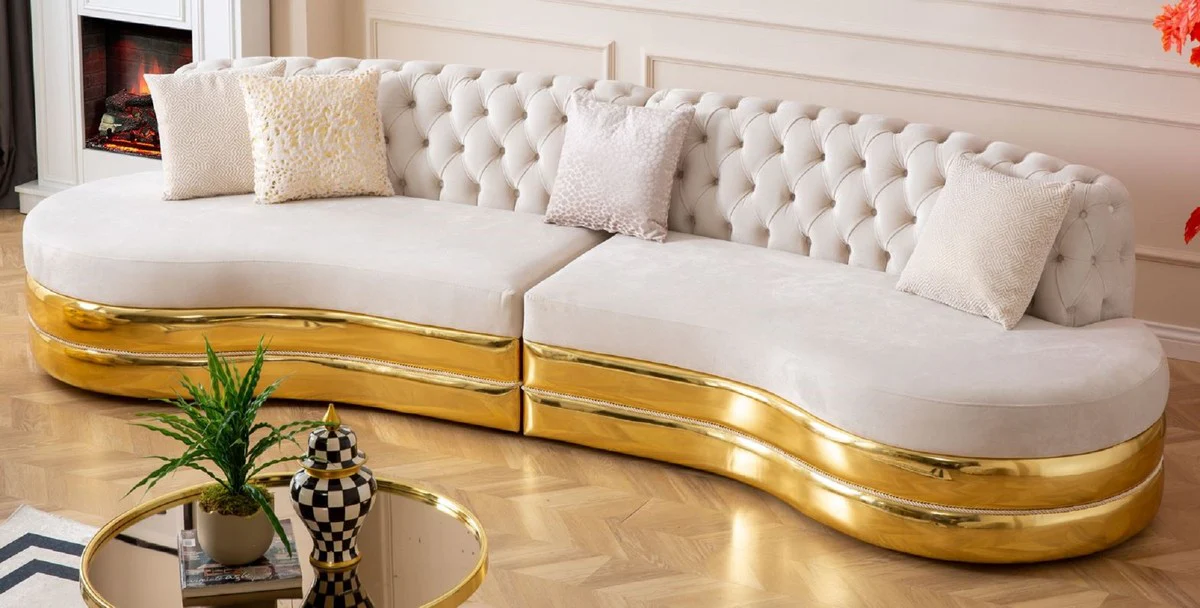 Luxury Chesterfield 4 seater sofa cream / gold 340 x 105 x H. 82 cm - Curved Chesterfield living room sofa - Living room furniture - Chesterfield furniture - Luxury furniture - Luxury furnishings
