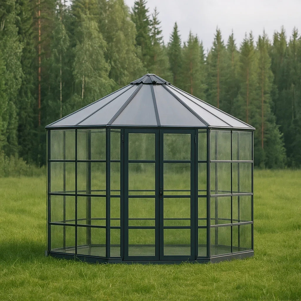 Gartengewächshaus, siebeneckige Konstruktion mit Doppeltüren, schwarz, Metallkonstruktion, für den Außenbereich, Durchmesser 262 cm, Höhe 259 cm