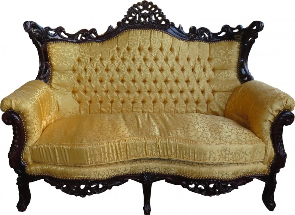 Baroque 2-Seater Sofa Master Gold Pattern / Mahogany Brown - Antique Style Living Room Furniture
