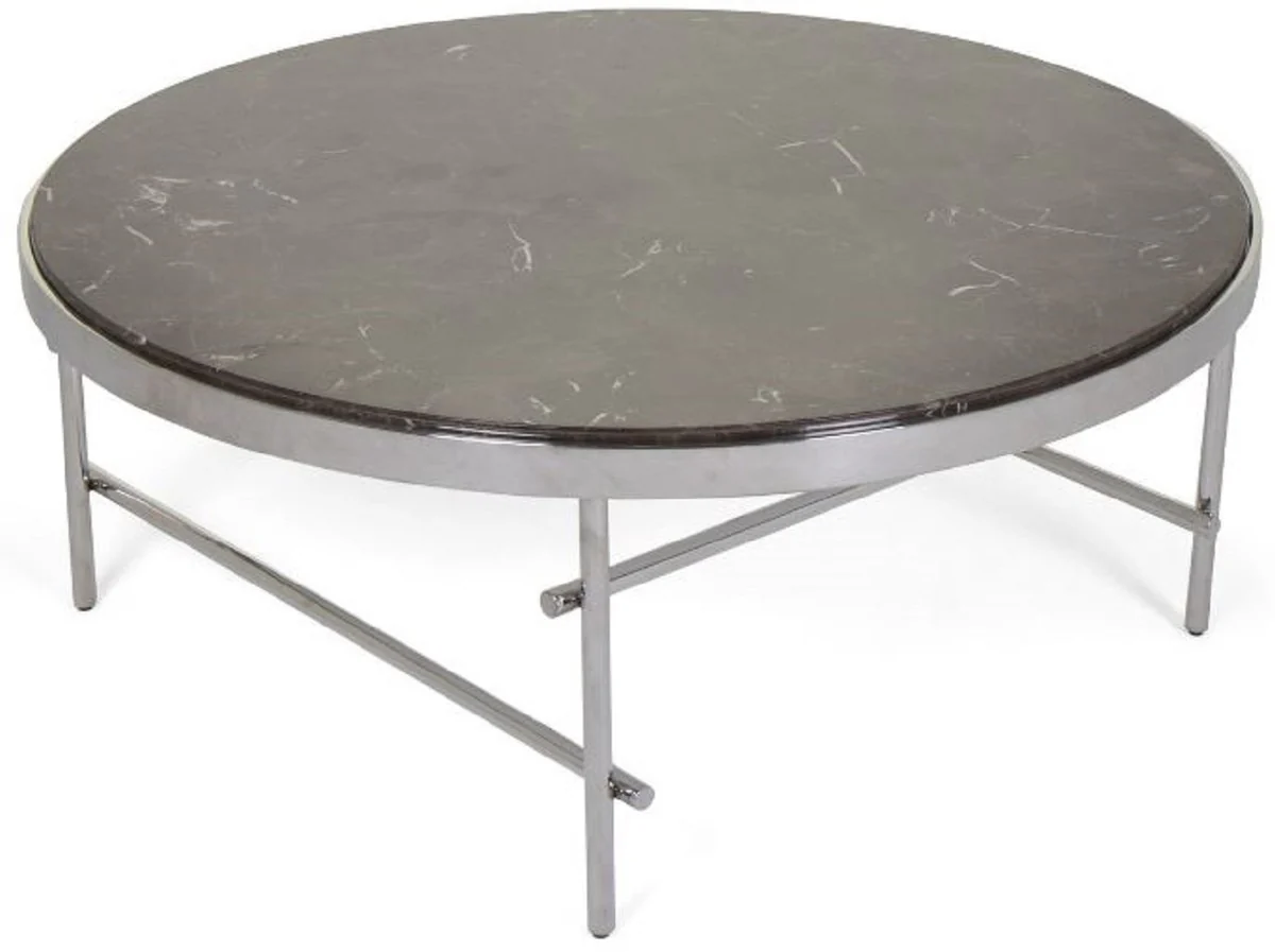 Luxury coffee table dark brown / silver Ø 100 x H. 41 cm - Round living room table with marble top and stainless steel frame - Luxury living room furniture
