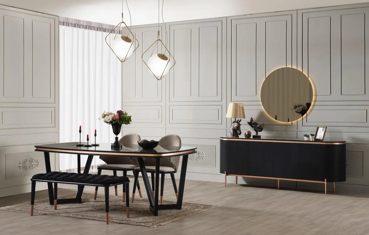 Luxury Dining Room Set Gray / Black / Copper - 1 Dining Room Table & 4 Dining Chairs & 1 Bench - Luxury Dining Room Furniture