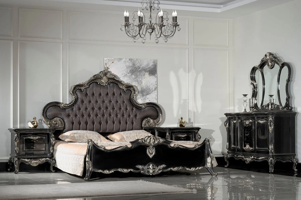 Luxury Baroque Double Bed Anthracite Gray / Black / Silver - Magnificent Solid Wood Bed - Luxury Bedroom Furniture in Baroque Style - Baroque Bedroom Furniture - Noble & Magnificent